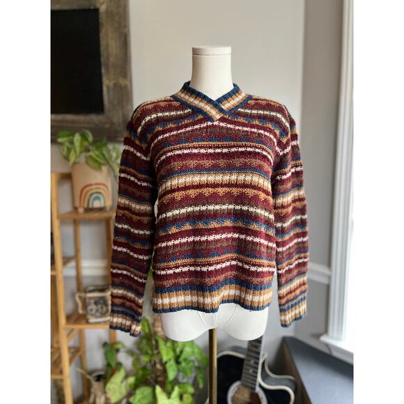 Vintage 90s Red Tan Blue Striped Cotton Blend Sweater Size Small Medium - Picture 1 of 4